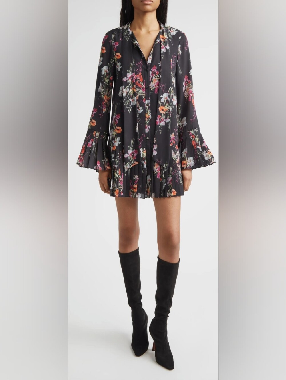 cinq à sept Iris Bouquet Alinda Long Sleever Shirtdress With Tie